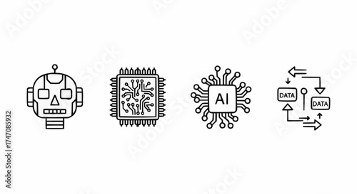 Minimal 4 Icon Vector Set – Artificial Intelligence Symbols of Robot Head, Neural Network, AI Chip and Data Flow in Black SVG Outline Style on White Background