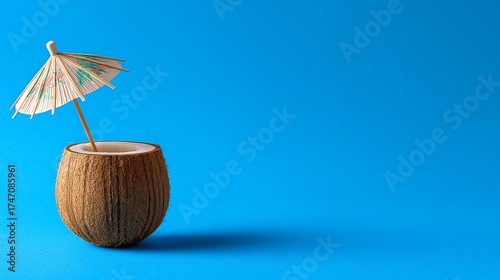 Wallpaper Mural Miniature tropical coconut cocktail bar with umbrella on blue background, minimalist style. Ideal for summer vacation concept. Banner template Torontodigital.ca