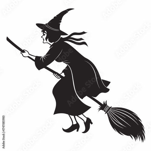 Black silhouette of a witch flying on a broomstick 1