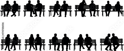 Silhouette icon set of people sitting on benches in pairs, black vector design for interaction, lifestyle, and public space themes