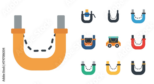 Set of U-shaped industrial tools and vehicles with dotted lines.