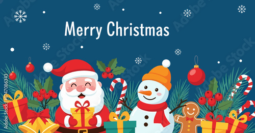 Festive Merry Christmas greeting card featuring Santa Claus, a snowman, gifts, candy canes, and pine branches for a joyful holiday celebration
