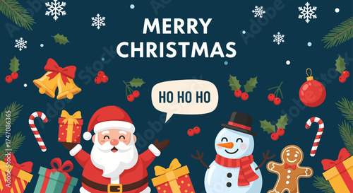 Festive Christmas scene illustration with Santa Claus, a snowman, and gifts. Adorned with winter decorations, ideal for holiday season greetings and celebrations
