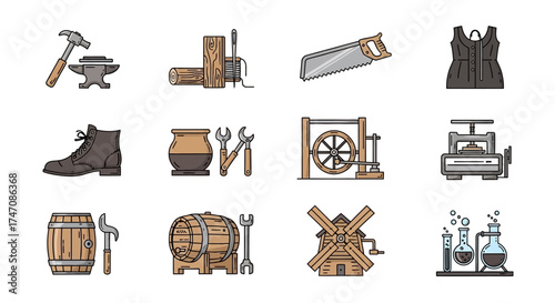 Set of vintage icons representing medieval crafts and industries.