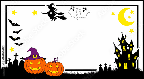 Spooky Halloween night frame with a flying witch, cartoon ghosts, and jack-o'-lanterns. Vector illustration border for party invitations