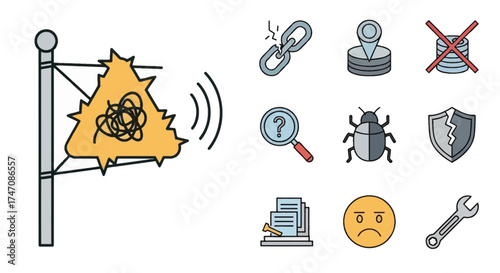 Software Bug Warning Flag with Icons Representing Errors and Security Issues.