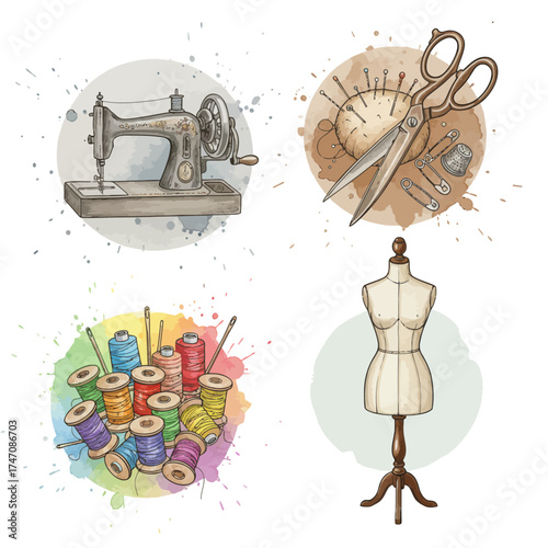 Watercolor illustrations of essential sewing and tailoring tools vintage machine, vibrant thread, sharp scissors, and a dress form, perfect for craft and fashion design