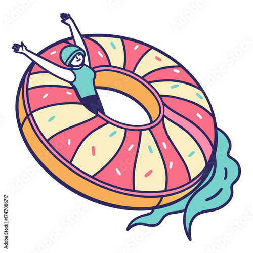 Person in swimming ring with colorful sprinkles and water splash