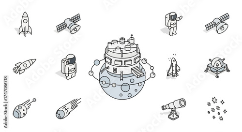 Space exploration illustration featuring rockets satellites and astronauts in a detailed drawing.