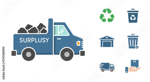 Surplusy Truck with Recycling and Waste Management Icons.