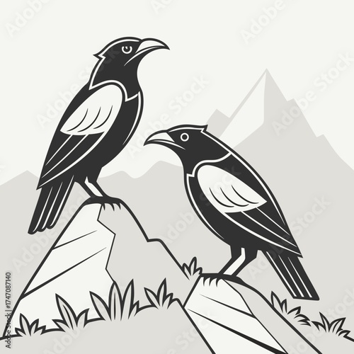 Two black birds perched on rocks with mountain background