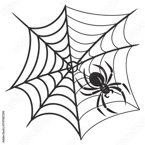 Black spider on a white spiderweb vector graphic