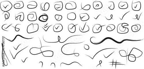 Hand drawn check marks and abstract shapes doodle collection design elements