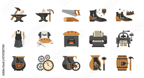 Vintage Artisan Craftsmanship and Old Professions Icon Set.