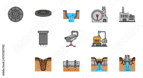 Water and Wastewater System Engineering Icon Set.