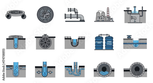 Water Supply and Sewage System Vector Icon Collection.