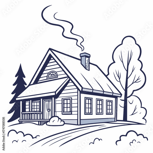 Cozy winter cottage with smoke from chimney vector