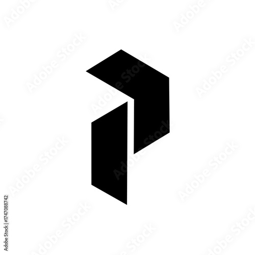 Bold, geometric, and abstract logo forming the letter 'P' and an upward arrow. The two-part construction uses sharp angles and a monochrome palette to convey progress, professionalism, and direction.