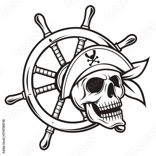 Skull with pirate hat and crossbones behind ship wheel