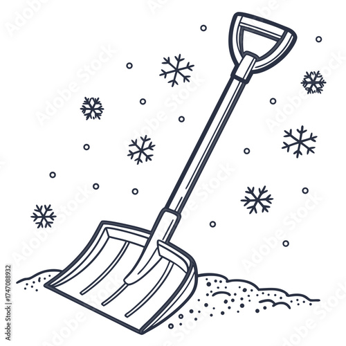 Snow shovel in snow with snowflakes winter icon