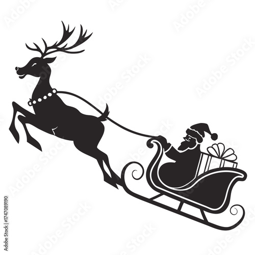 Black silhouette of Santa Claus in a sleigh pulled by a reindeer