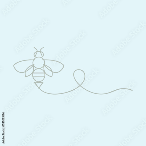 Minimalist line art of a bee with a looping tail on a soft pastel emphasizing simplicity and elegance