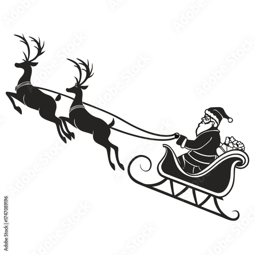Black silhouette of Santa Claus in a sleigh pulled by reindeers