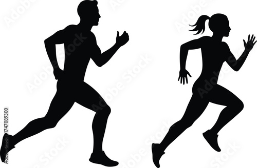 Silhouette illustration of man and woman running together representing fitness, speed, motivation, and active healthy lifestyle concept