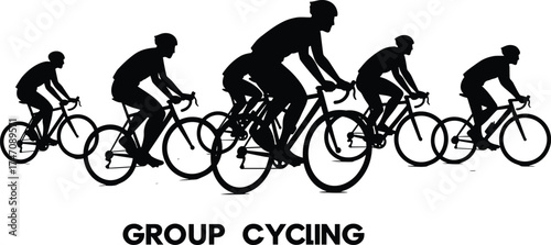 Silhouette of cyclists group riding together on road showcasing teamwork, endurance, speed, fitness, and healthy outdoor lifestyle