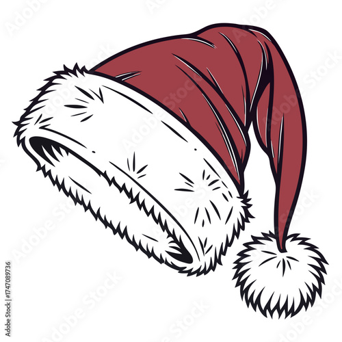 Red Santa hat with fluffy white trim and pom christmas hat