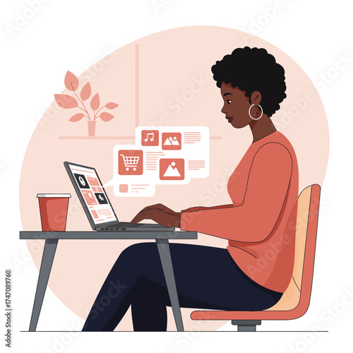 Creative black woman working on laptop in modern office with digital mood board and coffee illustration