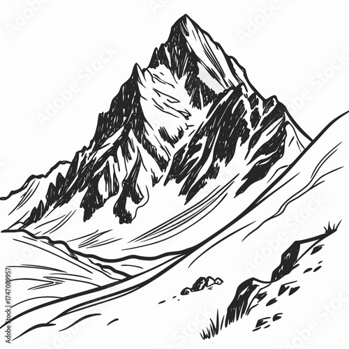 Rough sketch of a snow covered mountain peak drawing