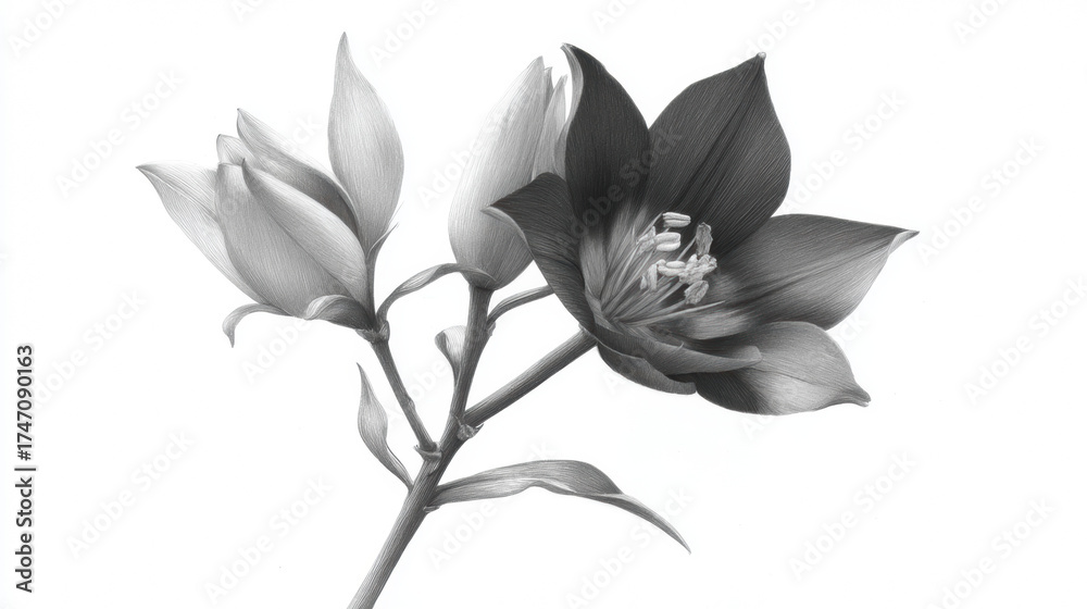 Obraz premium Exquisite black and white botanical illustration showcasing delicate magnolia blossoms in varying stages of bloom against a clean, minimalist white backdrop.