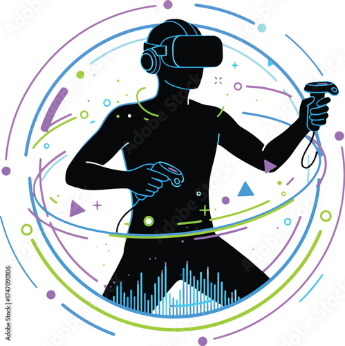 Silhouette of Man in Virtual Reality Headset and Controllers Immersed in Abstract Digital World