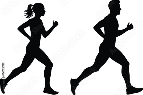 Silhouette of man and woman running together, fitness and jogging concept on white background, healthy lifestyle vector illustration