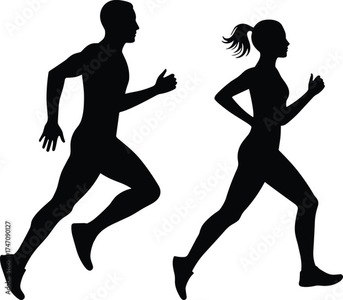 Silhouette of man and woman running together, outdoor fitness exercise concept, healthy lifestyle vector illustration design