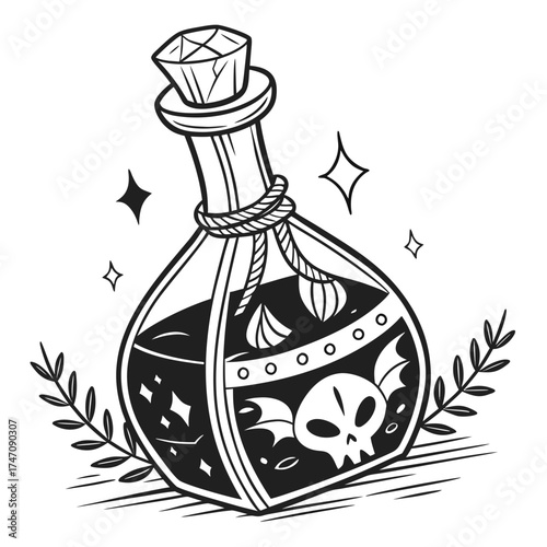 Black and white spooky potion bottle with skull and bat wings