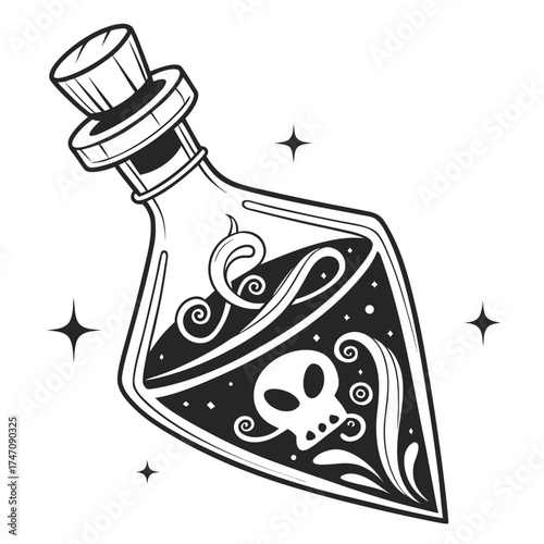 Black and white spooky potion bottle with skull icon