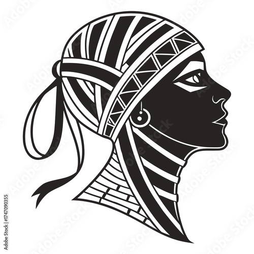 Black mummy head profile graphic with striped headdress