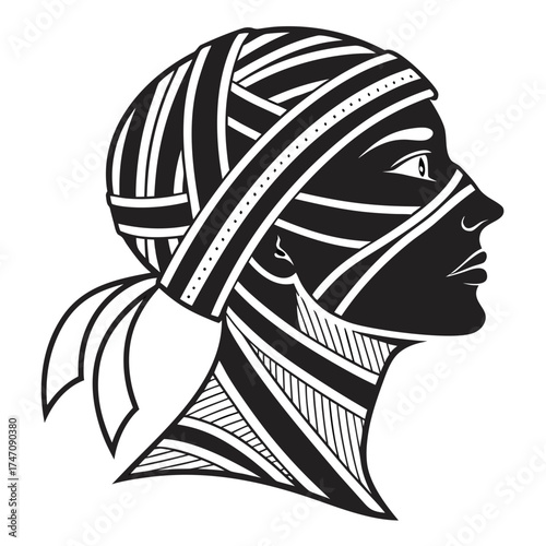 Black mummy head profile silhouette with white bandages