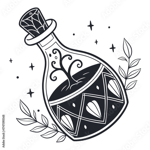 Black spooky potion bottle with tree and leaves icon