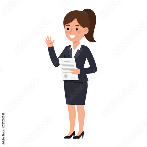 Professional businesswoman holding document waving hand cartoon character illustration