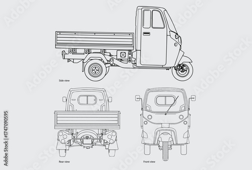 Indian tuktuk auto rikshaw engineering line drawing