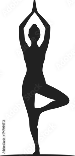 Silhouette of woman practicing tree yoga pose representing balance, mindfulness, peace, strength, and body wellness vector illustration