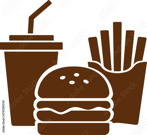 Logo for a snack company, representing a burger, fries and a drink, symbol of a quick and gourmet meal.