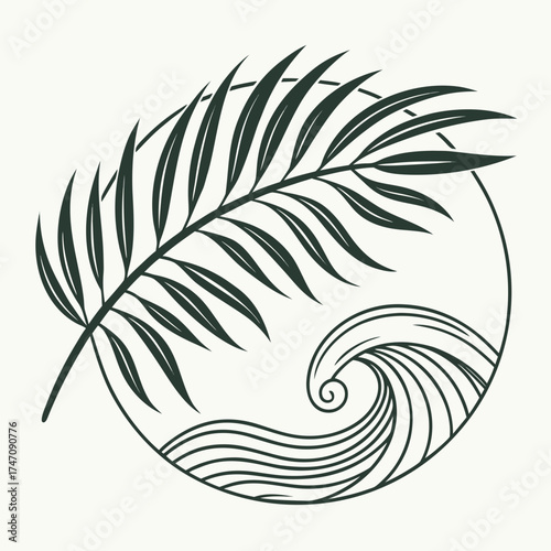 Dark green palm frond and wave icon on cream background