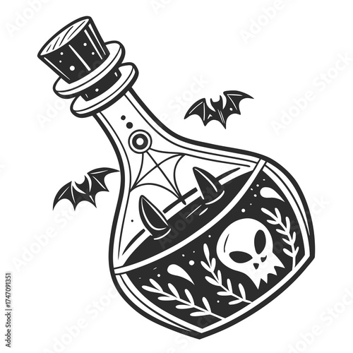 Spooky potion bottle with bats and skull icon black and white