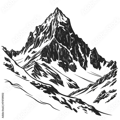 Black and white sketch of a sharp alpine mountain peak