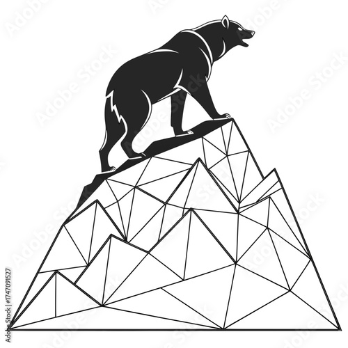 Black bear standing on abstract geometric mountain peak