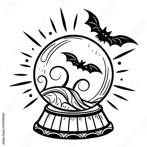 Black crystal ball with bats and swirling mist spooky